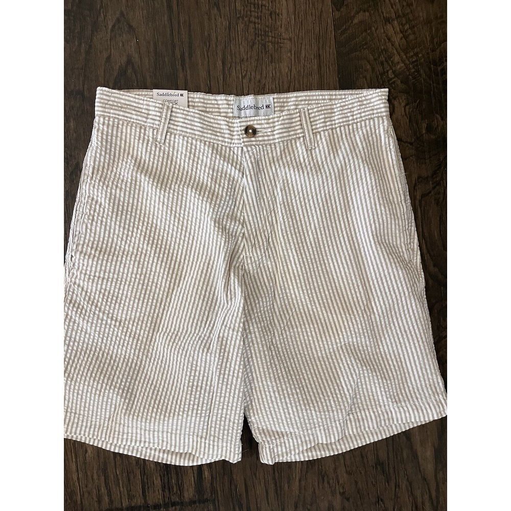 Mens Saddlebred Comfort Flex  Shorts SZ 30W‎ x 7 stripe Khaki Seersucker NEW 219